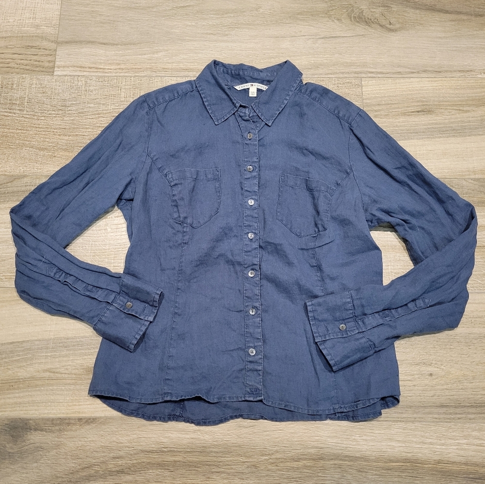 Tommy Hilfiger 100% Linen Long Sleeve Button Up Collared Shirt Women's L 2007
